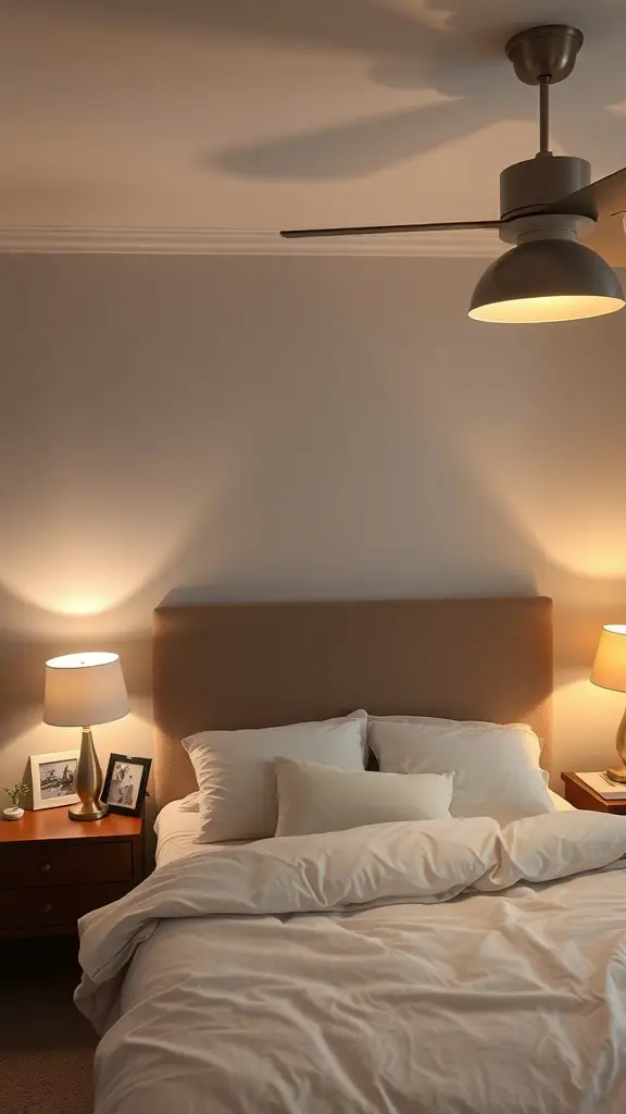 A cozy bedroom with layered lighting, featuring bedside lamps and a ceiling fan light.