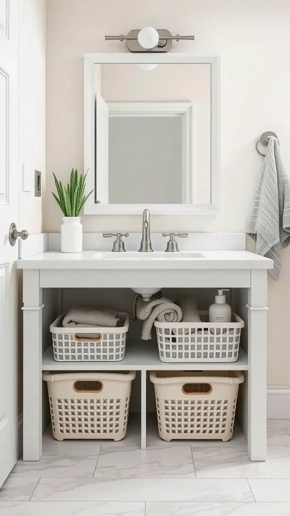 27+ Creative Vanity Organization Ideas You’ll Love 4 A stylish under-sink storage solution featuring a white cabinet with woven baskets and neatly arranged towels.