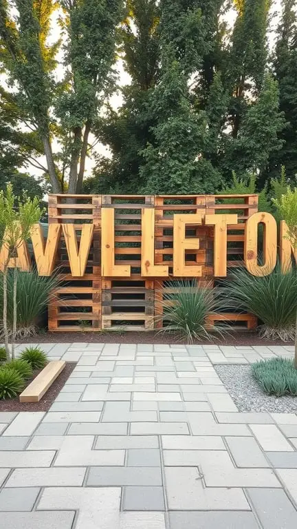 21+ Creative Pallet Garden Ideas You Need to Try 15 Pallet garden art installation spelling 'WILLETON' with surrounding greenery and pathway.