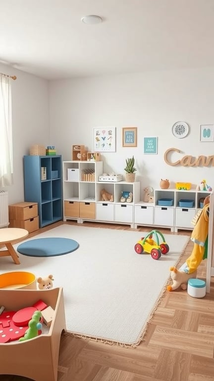 33+ Creative Nursery Organization Ideas for a Clutter-Free Space 16 A well-organized play area in a nursery with storage solutions, toys, and a cozy rug.
