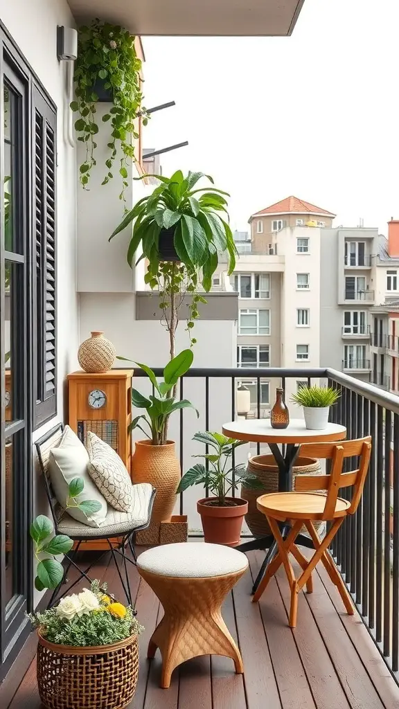 A small balcony with stylish furniture, plants, and storage solutions.