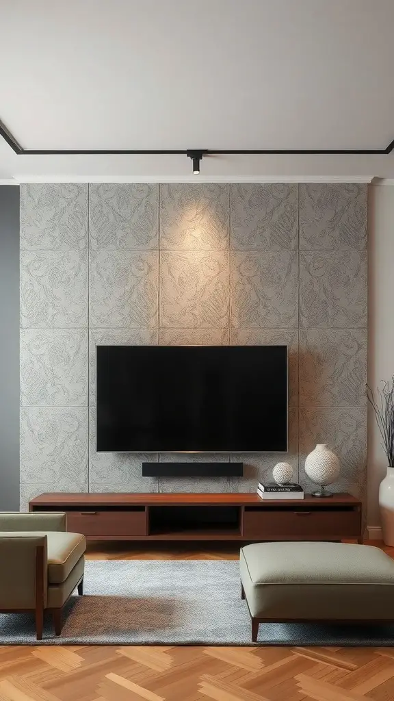 25+ Stunning TV Wall Ideas for Your Living Room 2 Living room with textured wall panels behind a TV, featuring modern furniture and soft lighting.