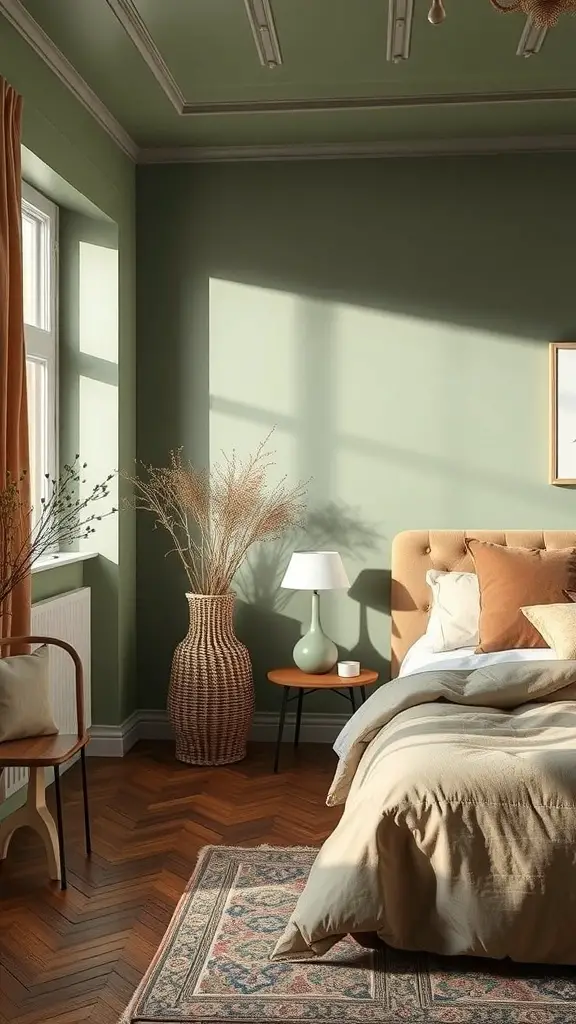 A cozy bedroom featuring earthy color palettes with soft green walls, warm bedding, and natural materials.