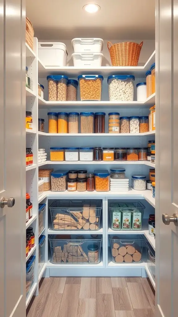 25+ Creative Built-In Pantry Cabinet Wall DIY Ideas 15 A well-organized pantry with clear containers and labeled items on shelves.