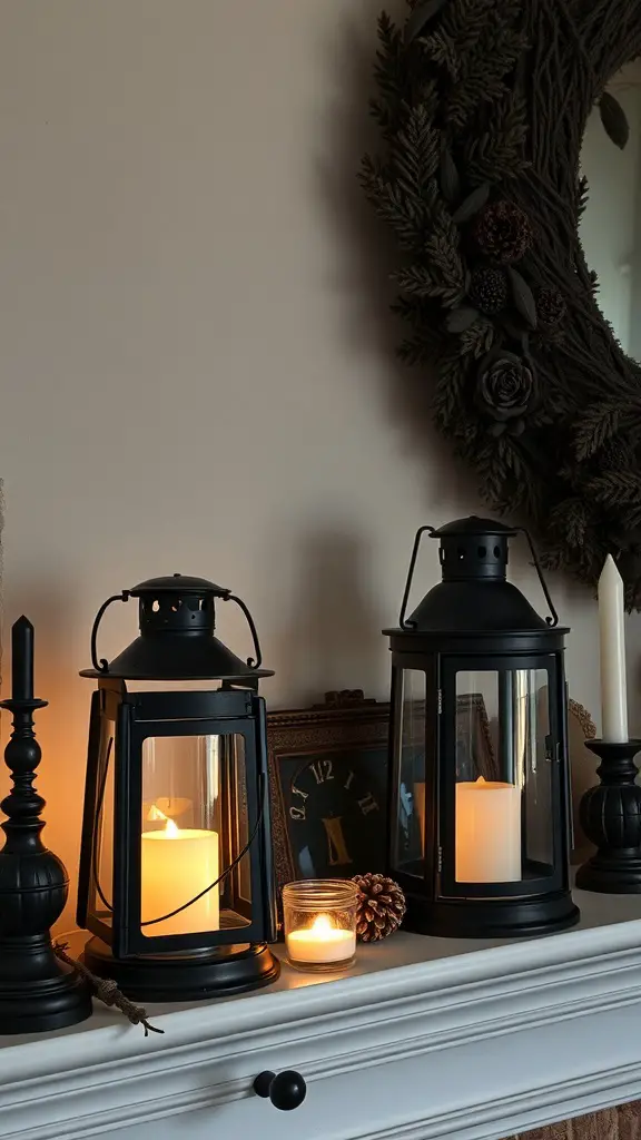 27+ Stylish Fireplace Decor Ideas You’ll Love 5 Two vintage black lanterns with candles on a white mantel, surrounded by decorative accents.