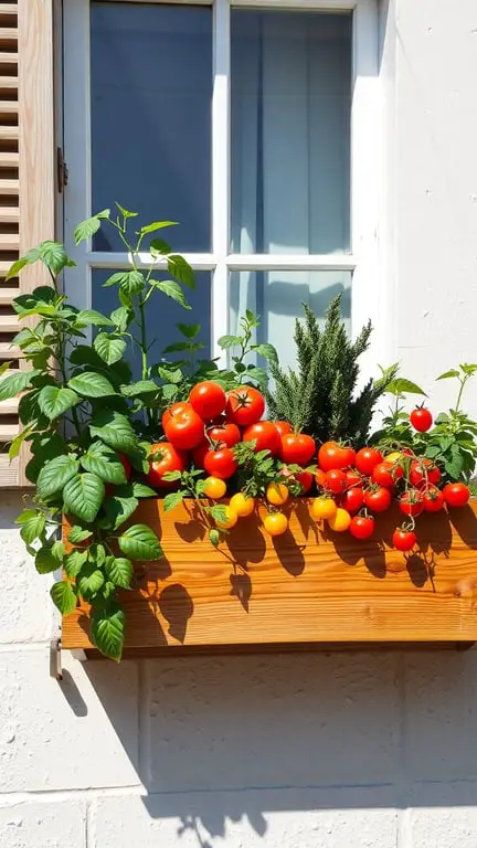 21 Creative Container Garden Ideas for Small Spaces 8 A wooden window box filled with vibrant tomato plants and green leaves, placed under a window.