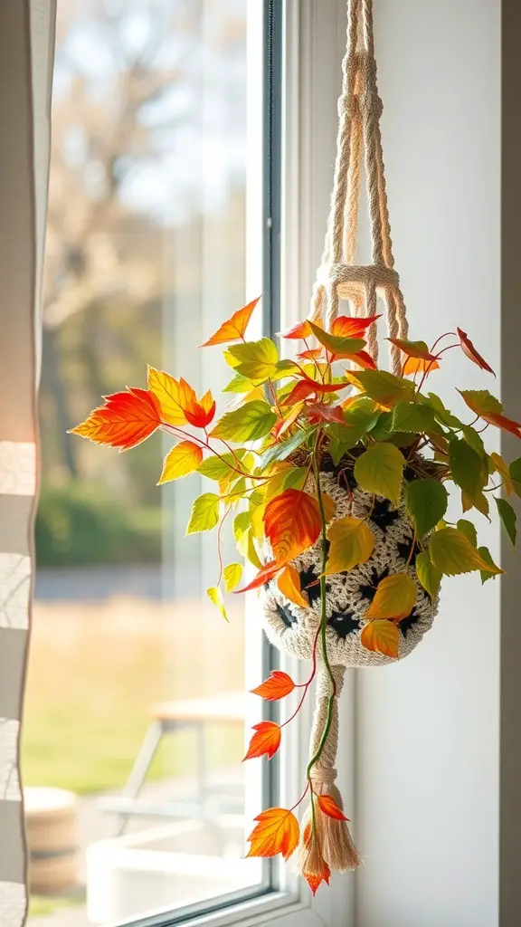 23+ Cozy Fall Crochet Ideas You’ll Love 11 Crochet plant hanger with vibrant autumn leaves, hanging by a window