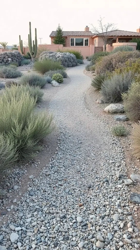 27+ Creative Xeriscape Landscaping Ideas for a Sustainable Garden 7 A gravel path winding through a xeriscape garden with various plants and a house in the background.
