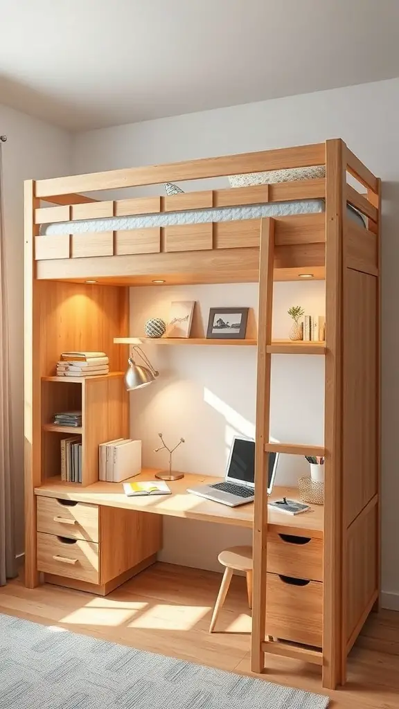 25+ Creative Loft Bed Ideas for Small Rooms 5 Wooden loft bed with built-in desk and shelves in a small room