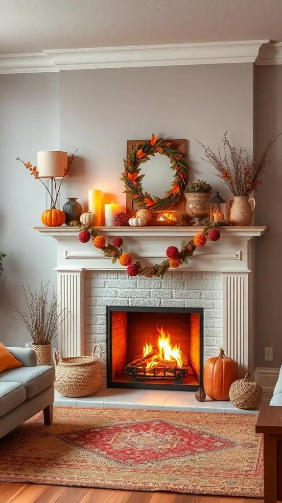 23+ Cozy Fall Living Room Decor Ideas to Transform Your Space 6 A cozy living room with a decorated fireplace, featuring a wreath, pumpkins, and candles.