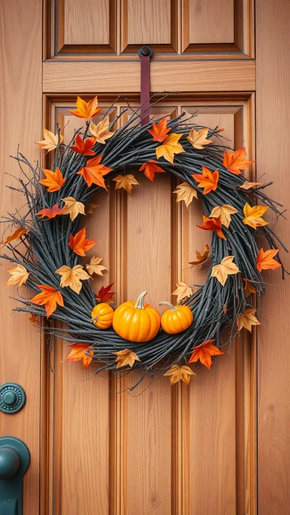 27+ Creative Fall Wood Crafts to Make This Season 7 A fall wreath made of twigs, orange and yellow leaves, and small pumpkins, hanging on a wooden door.