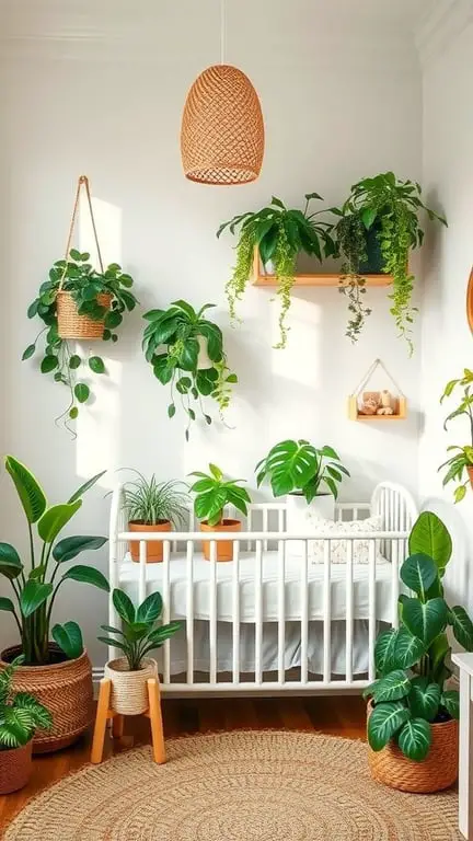 31+ Creative Small Nursery Ideas for Space-Saving Solutions 7 A small nursery with a crib surrounded by various indoor plants, creating a cozy and inviting atmosphere.