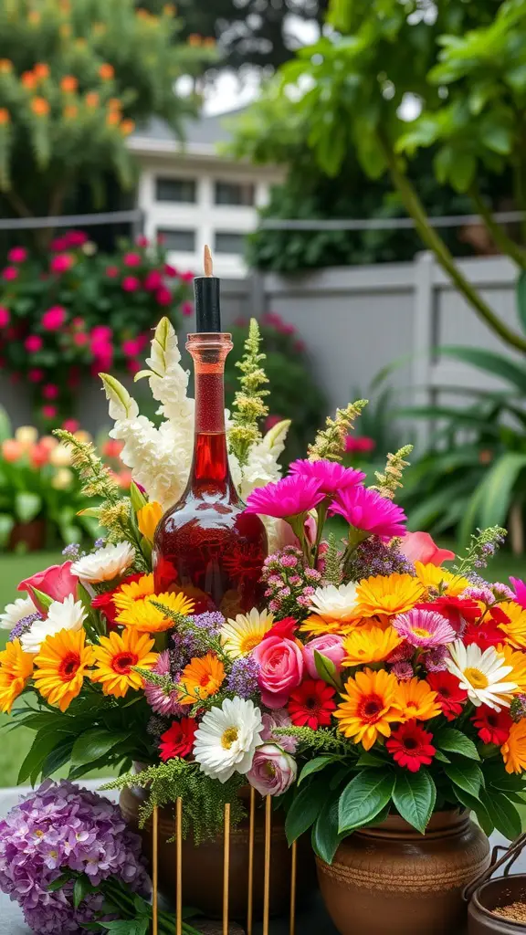 21+ Backyard Engagement Party Ideas for an Unforgettable Celebration 4 A vibrant floral arrangement featuring colorful flowers and a decorative bottle, set in a backyard.