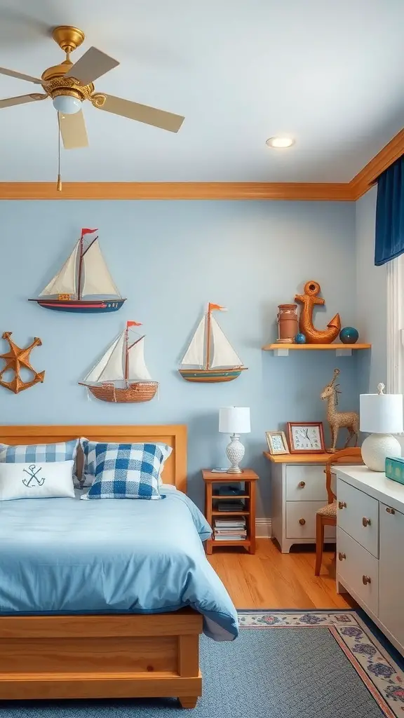 A light blue bedroom with nautical decor, featuring sailboat wall art, a wooden bed, and a cozy atmosphere.