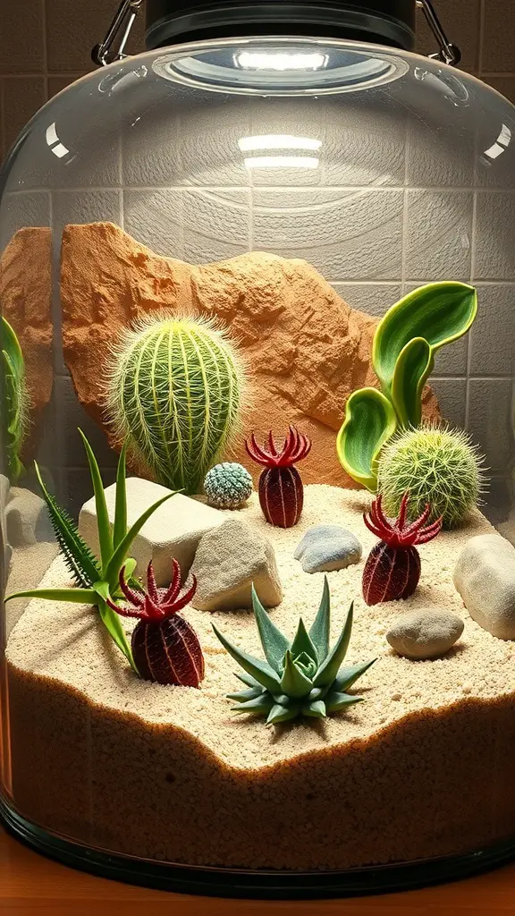 A desert-inspired terrarium featuring various carnivorous plants, rocks, and sandy substrate.