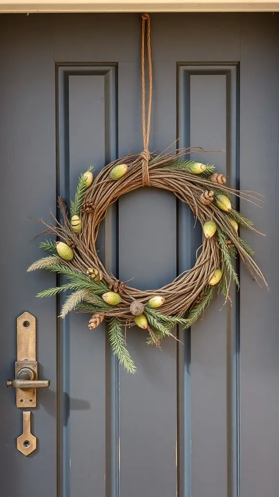 A handmade wreath made of twigs and decorated with pine needles, acorns, and pine cones, hanging on a dark blue door.