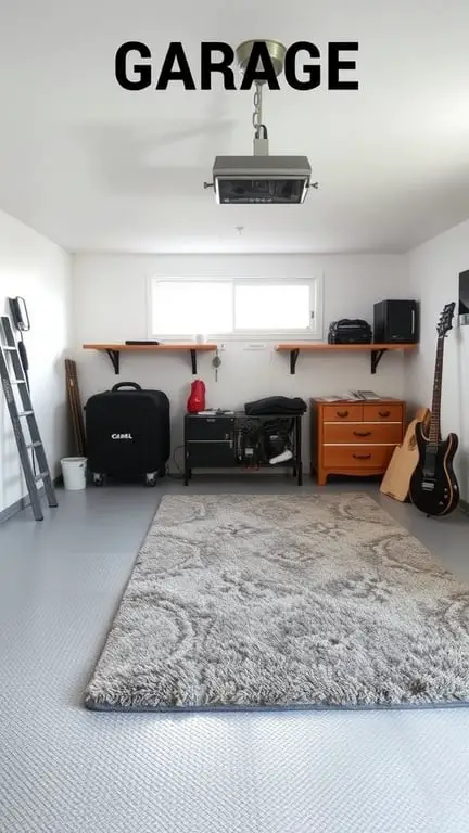 19+ Ultimate Garage Man Cave Ideas You Need to See 17 A cozy garage man cave with a gray rug on a sleek floor, featuring shelves and musical instruments.