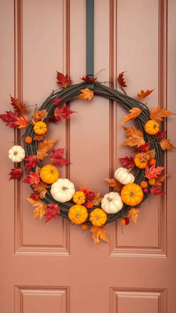 25+ Unique Fall Pumpkin Crafts to Try This Season 8 A pumpkin-themed wreath with orange and white pumpkins and autumn leaves hanging on a door.