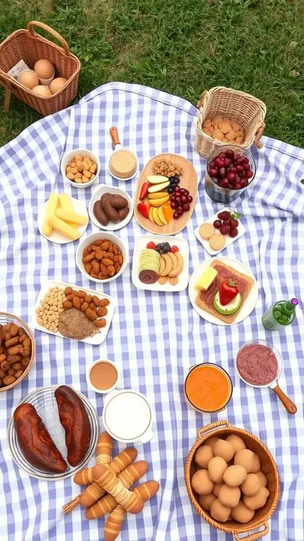 29+ Homegrown Baby Shower Theme Ideas with 15 Must-Have Items 13 A picnic-style food presentation featuring a variety of snacks, fruits, and treats on a checkered blanket.