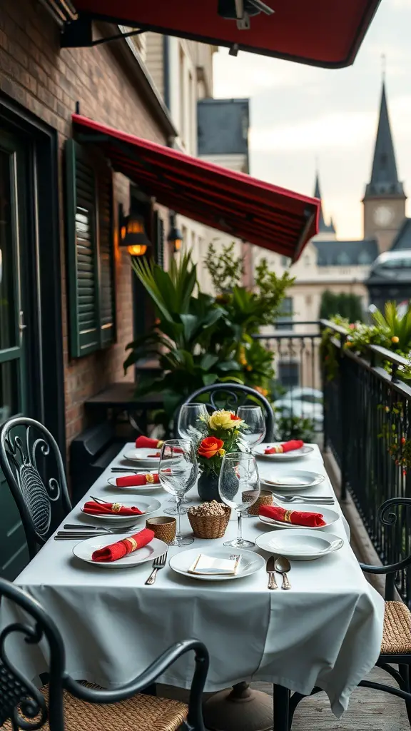 A beautifully arranged outdoor dining table on a balcony with red napkins, glasses, and flowers.