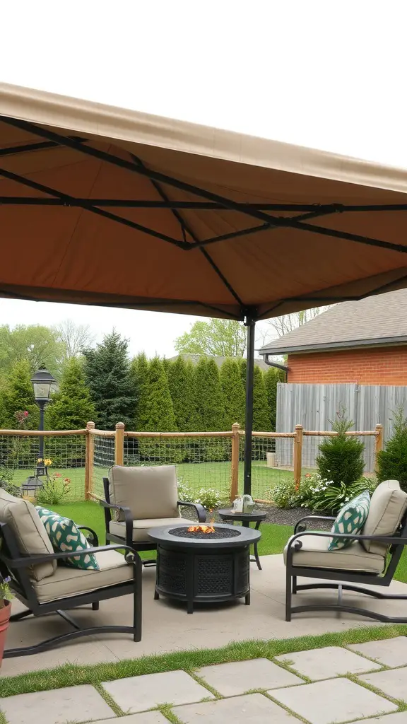 A spacious patio canopy providing shade over a seating area with a fire pit.