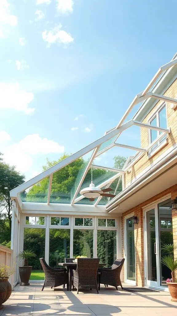 23+ Creative Patio Roof Extension Ideas You’ll Love 8 A beautiful glass roof enclosure over a patio with wicker furniture and a view of the sky.