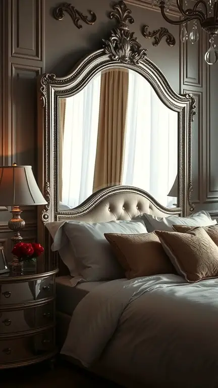 21+ Easy and Affordable DIY Headboard Ideas to Transform Your Bedroom 9 A stylish bedroom featuring a large mirrored headboard with an ornate frame, soft bedding, and decorative pillows.