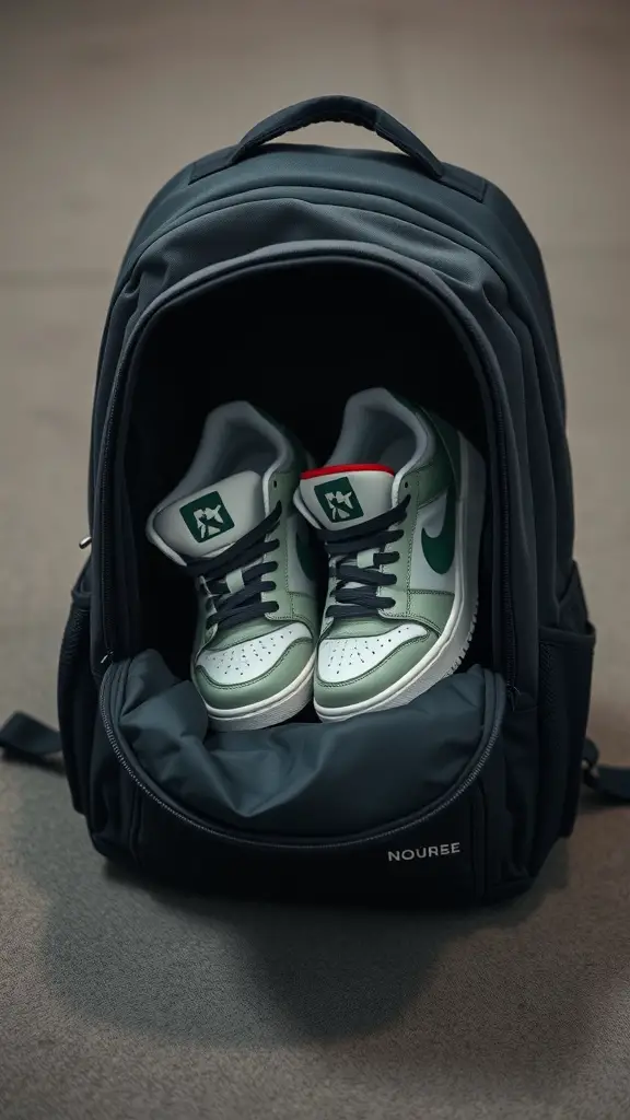 A backpack with a compartment showing neatly packed shoes.