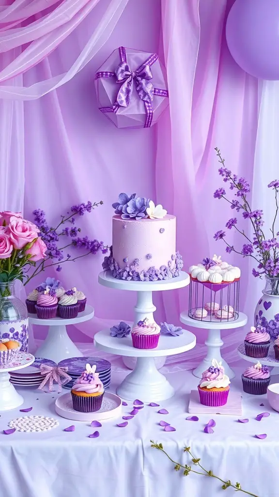 15+ Gorgeous Purple Baby Shower Ideas for a Magical Celebration 7 A beautifully arranged purple cake and dessert table featuring cupcakes, flowers, and decorations.