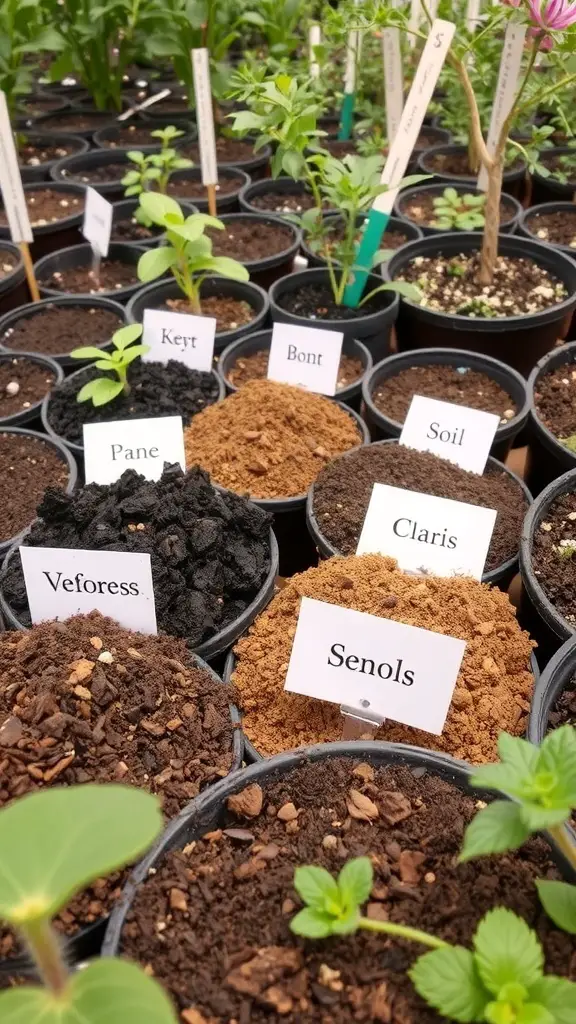 Various types of soil in pots labeled Hack Soil, Pary Soil, and Flant Soil with young plants in the background.
