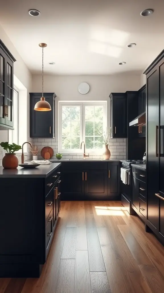27+ Stunning Black and Natural Wood Kitchen Designs You’ll Love 5 A modern kitchen featuring black cabinets, wooden flooring, and natural light from a large window.