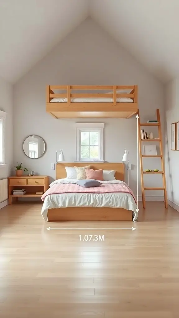 A cozy room featuring a loft bed with a wooden frame, positioned above a regular bed, showcasing a modern design.