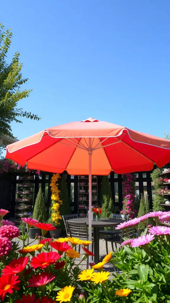 17+ Creative Patio Umbrella Ideas for Your Outdoor Space 2 A bright red patio umbrella surrounded by colorful flowers and a clear blue sky.
