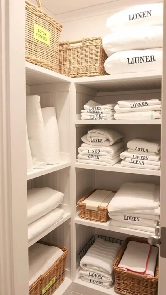 A linen closet with folded towels and a clipboard displaying a linen inventory list.