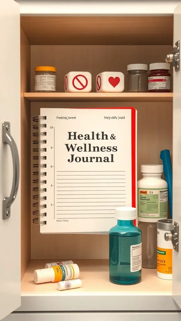 A medicine cabinet showcasing a health and wellness journal along with various medications.