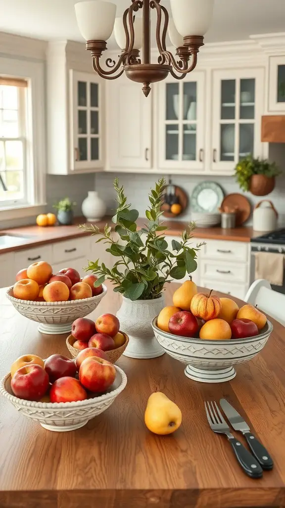 21+ Stunning Fall Kitchen Decor Ideas to Elevate Your Space 13 Decorative bowls of seasonal fruits on a wooden kitchen table