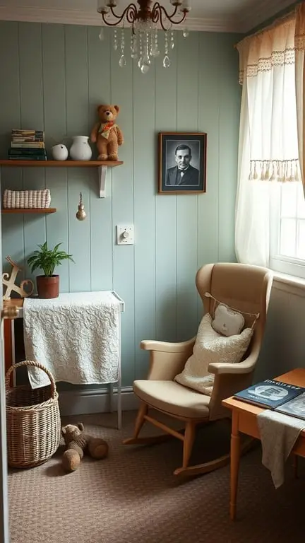 31+ Creative Small Nursery Ideas for Space-Saving Solutions 17 A cozy nursery corner featuring a rocking chair, teddy bear, framed photo, and shelves with books and plants.