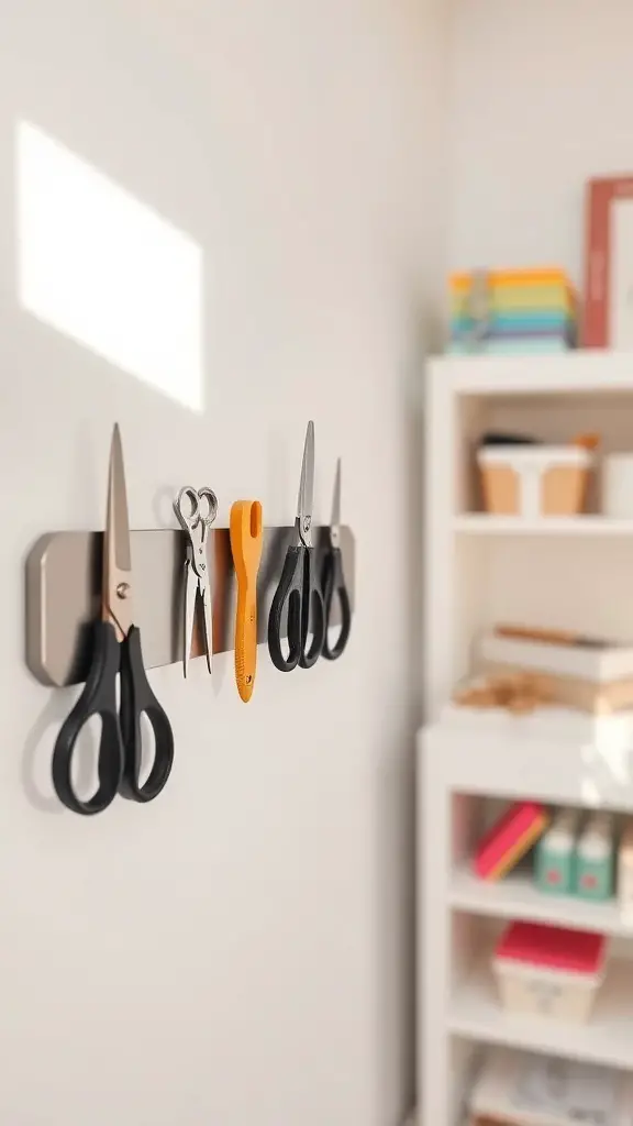 25 Creative Craft Organization Ideas You’ll Love 4 Magnetic strip mounted on a wall holding scissors and tools