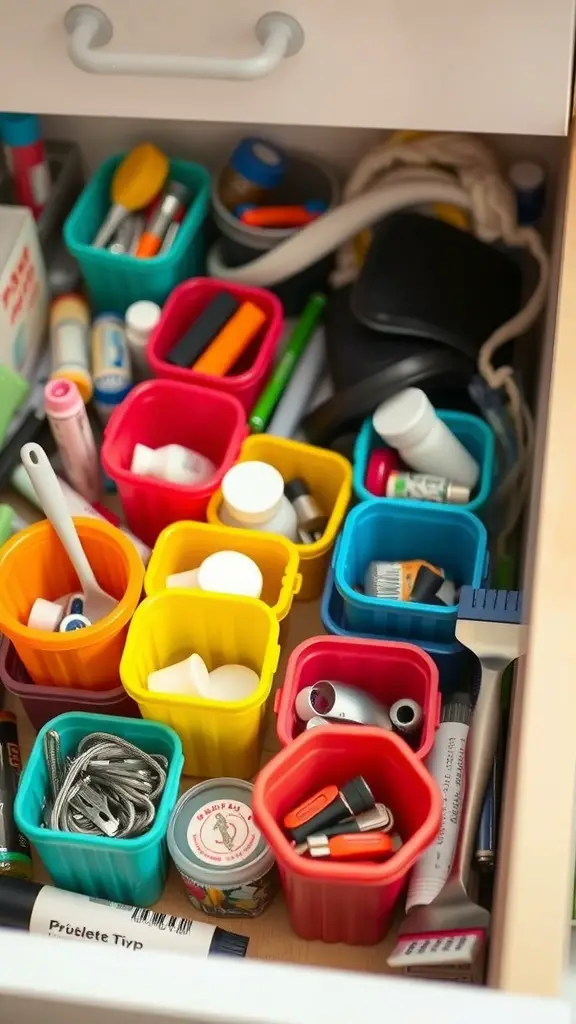19+ Genius Junk Drawer Organization Ideas You Need to Try 3 A cluttered junk drawer organized with colorful small containers holding various items.