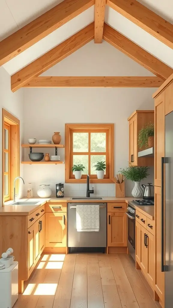 A cozy small cottage kitchen featuring natural wood elements, including beams, cabinets, and flooring.