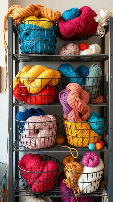 25+ Creative Yarn Storage Ideas for Organizing Your Stash 15 Colorful yarn stored in wire baskets on a shelf