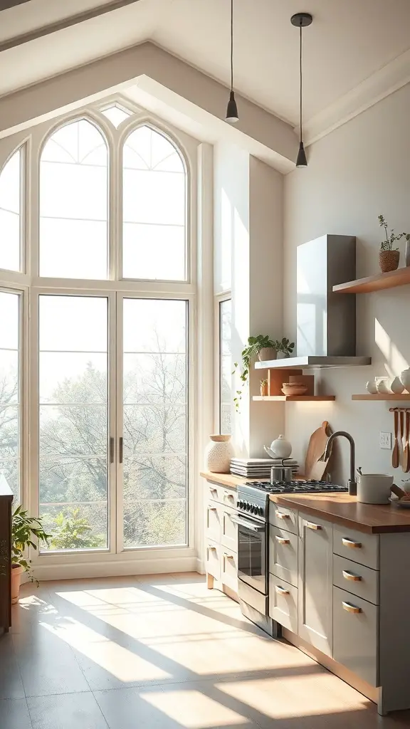 15+ Stunning Green Kitchen Designs You’ll Love 7 A bright kitchen with large windows and wooden accents, showcasing natural light and ventilation.