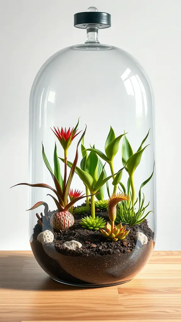 A stylish glass terrarium featuring various carnivorous plants, with vibrant colors and decorative stones.