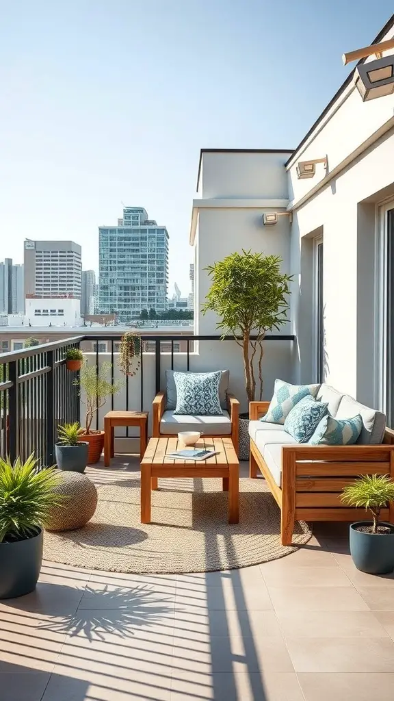 A stylish balcony with wooden furniture, plants, and a view of the city skyline.