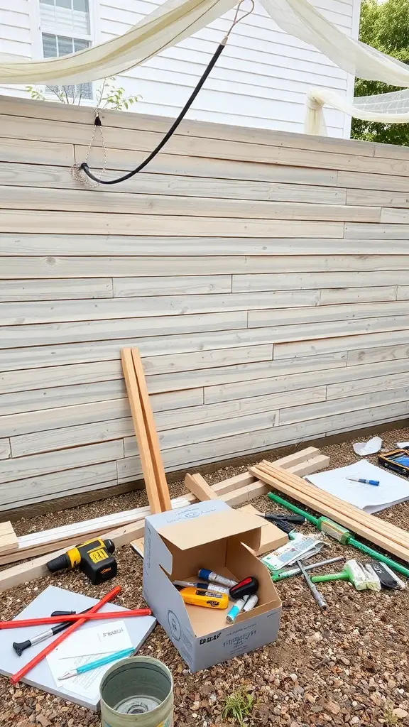 19+ Creative Privacy Wall Ideas for Your Deck 10 A person working on a wall with various tools and materials around them.
