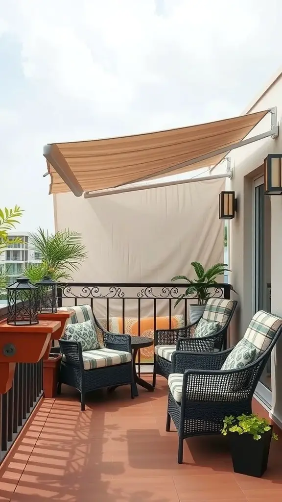 21+ Creative Balcony Privacy Ideas You’ll Love 16 A cozy balcony with comfortable seating, an awning, and plants for privacy.