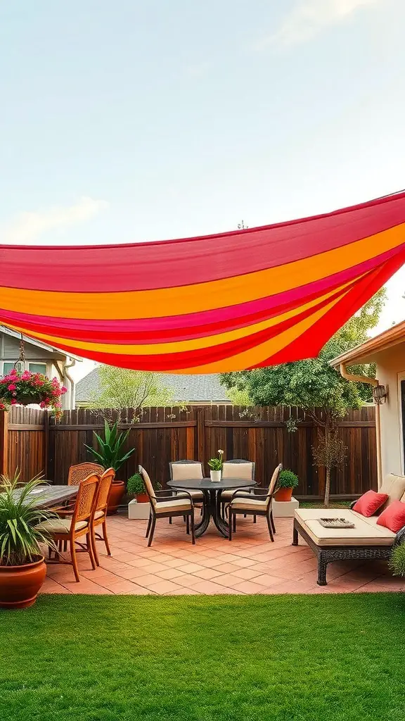 23+ Creative Patio Roof Extension Ideas You’ll Love 2 A colorful shade sail in red and yellow over a patio area with outdoor furniture and plants.