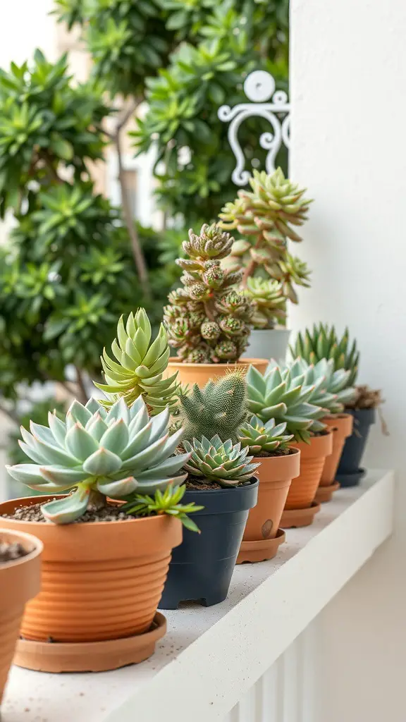 A collection of potted succulents on a balcony railing, showcasing various shapes and colors.