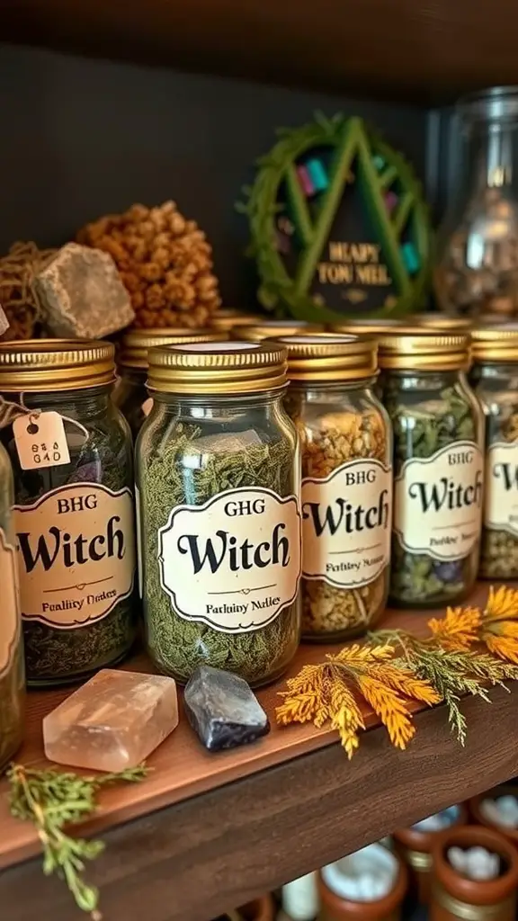 21+ Spooky and Creative Halloween Crafts for Adults 17 Three labeled jars containing herbs, with decorative elements on a wooden shelf.