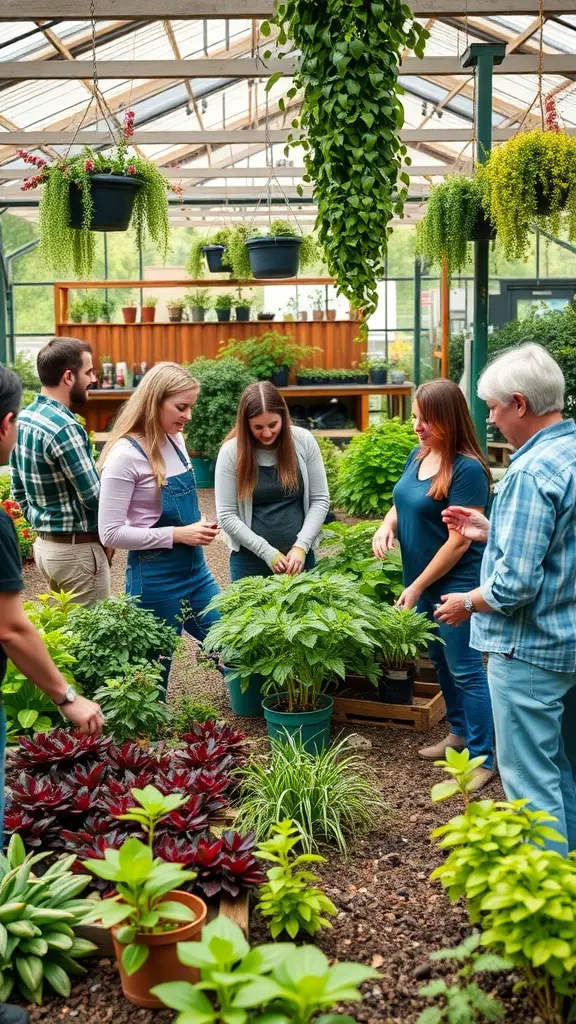 A group of people participating in a gardening workshop at a nursery, surrounded by various plants.